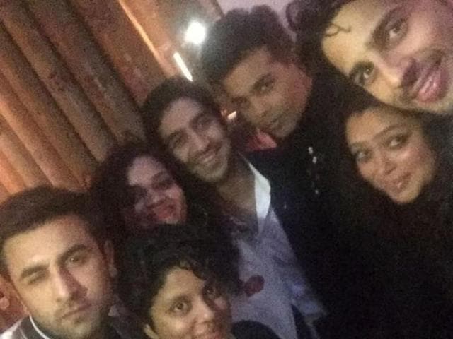 Ranbir Kapoor winks as the gathering prepares for a group selfie at KJo’s birthdya party. (Instagram)