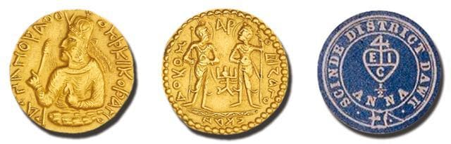 (Left and middle) Gold Dinar of Kushan Emperor Huvishka dating back to 2nd century AD; (extreme right) Scinde Dawk were the first stamps of India. The term is derived from the old postal system of Sindh. They preceded the arrival of adhesive stamps.