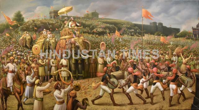 A painting of procession during Shivaji's coronation at Raigad. (Kunal Patil/ HT Photo) A painting of procession during Shivaji's coronation at Raigad. (Kunal Patil/ HT Photo)