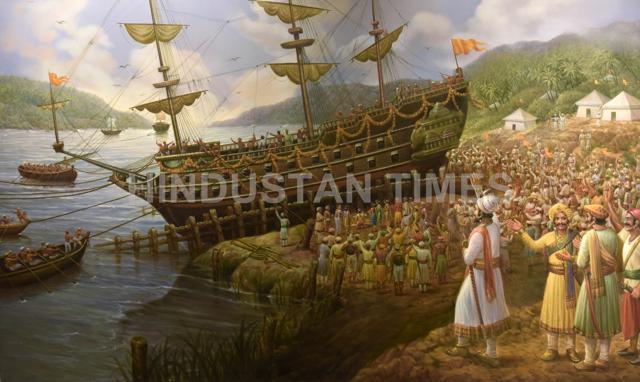 A painting of Shivaji examining his ship built by his engineers. He was the first Indian king to realise the importance of building an indigenous navy. (Kunal Patil/ HT Photo) A painting of Shivaji examining his ship built by his engineers. He was the first Indian king to realise the importance of building an indigenous navy. (Kunal Patil/ HT Photo)