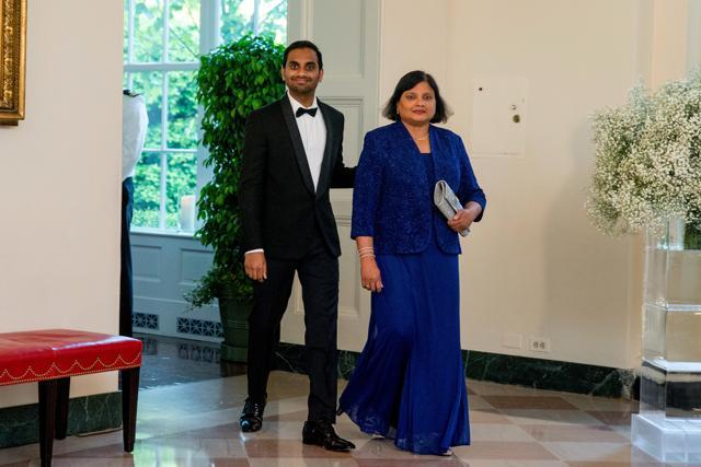 Entertainer Aziz Ansari and his mother Fatima Ansari arrive for a state dinner for Nordic leaders at the White House in Washington, Friday, May 13, 2016. (AP)