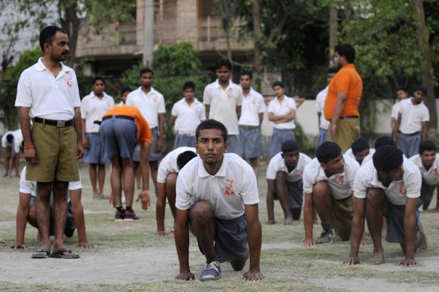 Members take part in a drill at the camp. (Sunil Ghosh/HT Photo) Members take part in a drill at the camp. (Sunil Ghosh/HT Photo)