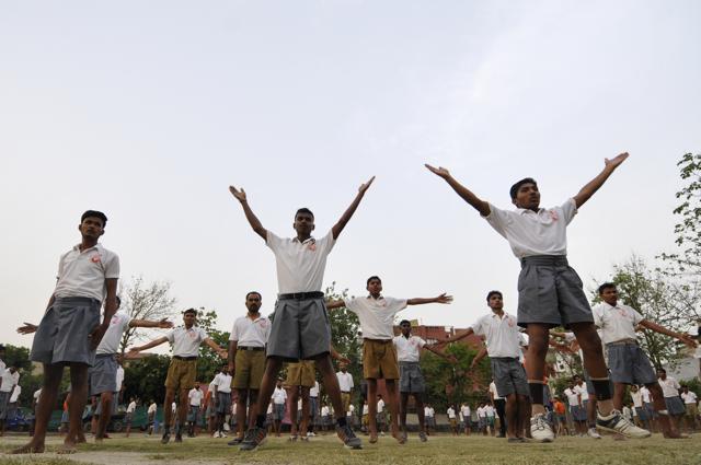 A self-defense training session at Saraswati Shishu Mandir, an RSS-run school in Noida. (Sunil Ghosh/HT Photo) A self-defense training session at Saraswati Shishu Mandir, an RSS-run school in Noida. (Sunil Ghosh/HT Photo)