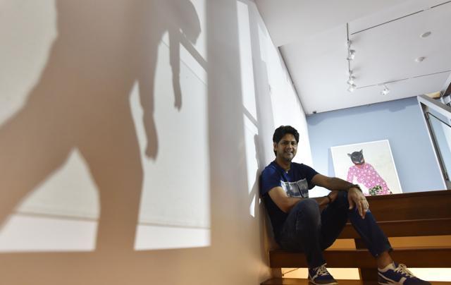 Artist Dileep Sharma at ICIA gallery (Photo: Anshuman Poyrekar/Hindustan Times)