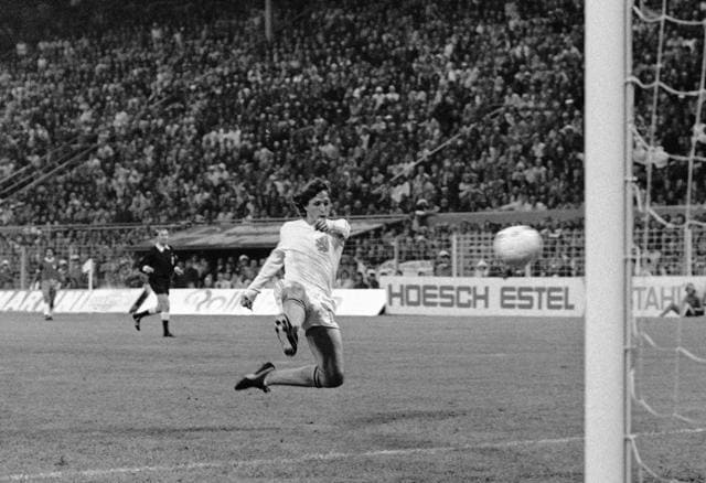 Dutch forward Johan Cruyff jumps to hit the ball into the net for his team's second goal against Brazil in their World Cup football match played at Dortmund, West Germany on July 4, 1974. Cruyff revolutionised the game with the concept of 'Total Football'. (AP File Photo) Dutch forward Johan Cruyff jumps to hit the ball into the net for his team's second goal against Brazil in their World Cup football match played at Dortmund, West Germany on July 4, 1974. Cruyff revolutionised the game with the concept of 'Total Football'. (AP File Photo)