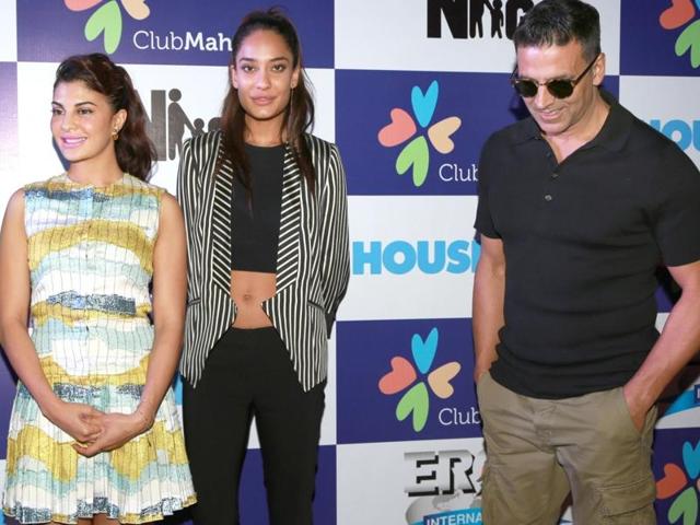 Akshay Kumar, Jacqueline Fernandez and Lisa Haydon during a promotional event of their upcoming film Housefull 3 in New Delhi. (IANS)