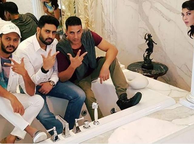 Don’t miss Jacqueline peeping into the frame as Ritesh Deshmukh, Abhishek Bachchan and Akshay Kumar pose for a picture. (Instagram)