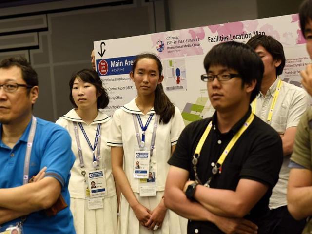 Japanese and foreign Journalists watch Obama's live address from the Hiroshima Peace Memorial park. Obama met survivors of the fearsome attack that marked one of the final, terrifying chapters of World War II. (AFP)