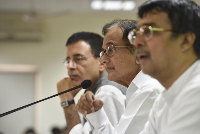 All India Congress Committee (AICC) held a press conference presided by former finance minister P Chidambaram on the performance of the NDA government in last two years in New Delhi on May 28, 2016. (Saumya Khandelwal/HT Photo)