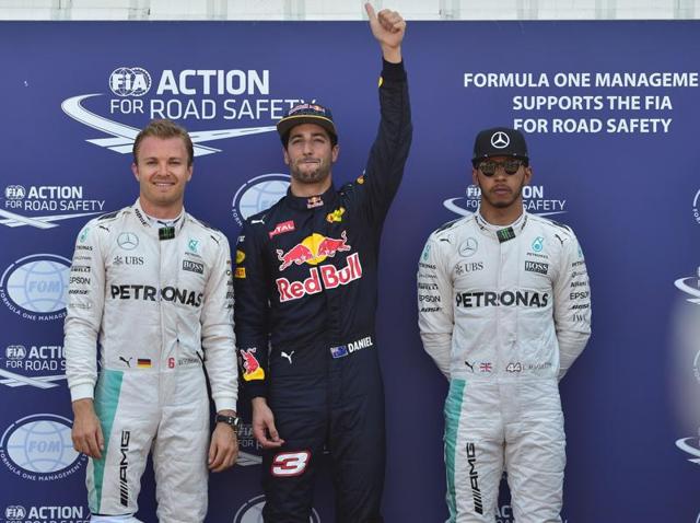 Infiniti Red Bull Racing's Australian driver Daniel Ricciardo took pole ahead of Mercedes’ Nico Rosberg and Lewis Hamilton for the scenic Monaco Grand Prix.(AFP)