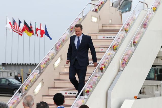 Cameron arrives at Chubu Centrair International Airport in Tokoname, Japan on Wednesday ahead of the G7 summit meetings. (Reuters) Cameron arrives at Chubu Centrair International Airport in Tokoname, Japan on Wednesday ahead of the G7 summit meetings. (Reuters)