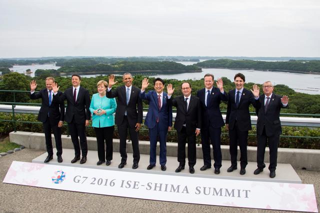 (From left) European Council President Donald Tusk, Italian Prime Minister Matteo Renzi, German Chancellor Angela Merkel, US President Barack Obama, Japanese Prime Minister Shinzo Abe, French President Francois Hollande, British Prime Minister David Cameron, Canadian Prime Minister Justin Trudeau and European Commission President Jean-Claude Juncker pose for a group photo during the first day of the Group of Seven (G7) summit meetings in Ise Shima, Japan on Thursday. (REUTERS) (From left) European Council President Donald Tusk, Italian Prime Minister Matteo Renzi, German Chancellor Angela Merkel, US President Barack Obama, Japanese Prime Minister Shinzo Abe, French President Francois Hollande, British Prime Minister David Cameron, Canadian Prime Minister Justin Trudeau and European Commission President Jean-Claude Juncker pose for a group photo during the first day of the Group of Seven (G7) summit meetings in Ise Shima, Japan on Thursday. (REUTERS)