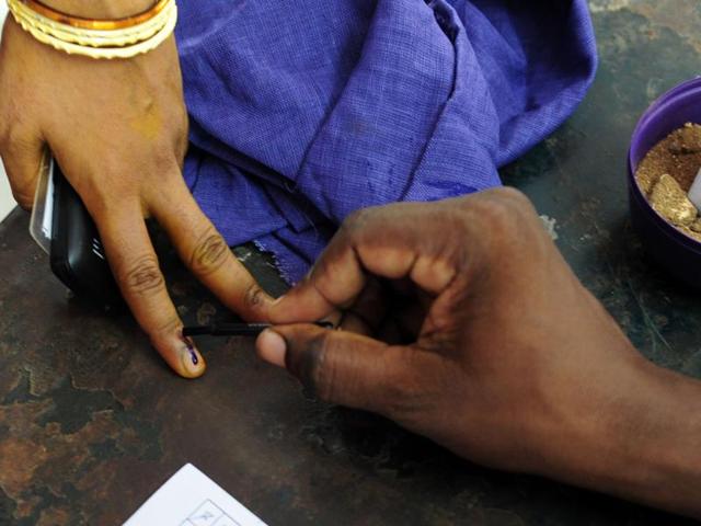 A voter’s finger being marked at a polling station in Chennai on May 16, 2016, during voting in assembly elections in Tamil Nadu. The Election Commission postponed voting for two assembly seats for the third time on May 28, 2016.(AFP) A voter’s finger being marked at a polling station in Chennai on May 16, 2016, during voting in assembly elections in Tamil Nadu. The Election Commission postponed voting for two assembly seats for the third time on May 28, 2016.(AFP)