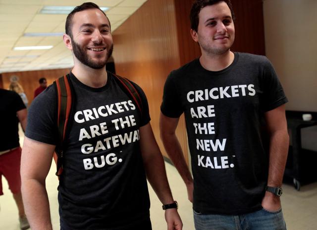 Gabi Lewis (L) and Greg Sewitz wear their t-shirts promoting crickets as food while attending the 'Eating Insects Detroit: Exploring the Culture of Insects as Food and Feed' conference at Wayne State University in Detroit, Michigan. (REUTERS) Gabi Lewis (L) and Greg Sewitz wear their t-shirts promoting crickets as food while attending the 'Eating Insects Detroit: Exploring the Culture of Insects as Food and Feed' conference at Wayne State University in Detroit, Michigan. (REUTERS)