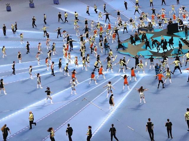 Alicia Keys performs prior to the Champions League final football match between Real Madrid and Atletico Madrid at the San Siro stadium in Milan. (AP Photo)