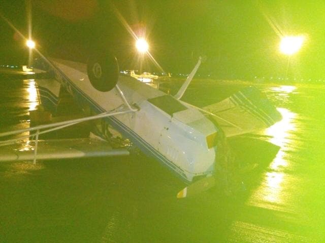 An overnight storm aldamaged several small aircraft at the Amritsar airport . (HT Photo) An overnight storm aldamaged several small aircraft at the Amritsar airport . (HT Photo)