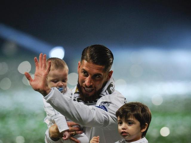 Real Madrid defender Sergio Ramos and his children take part in celebrations after the Spanish club’s 11th Uefa Champions League win, at the Santiago Bernabeu stadium in Madrid. (AFP Photo)