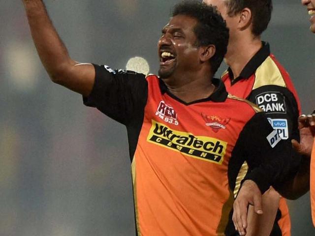 David Warner is hugged by coach Tom Moody as Muralitharan and other support staff rush to congratulate him after Sunrisers’ win. (PTI) David Warner is hugged by coach Tom Moody as Muralitharan and other support staff rush to congratulate him after Sunrisers’ win. (PTI)