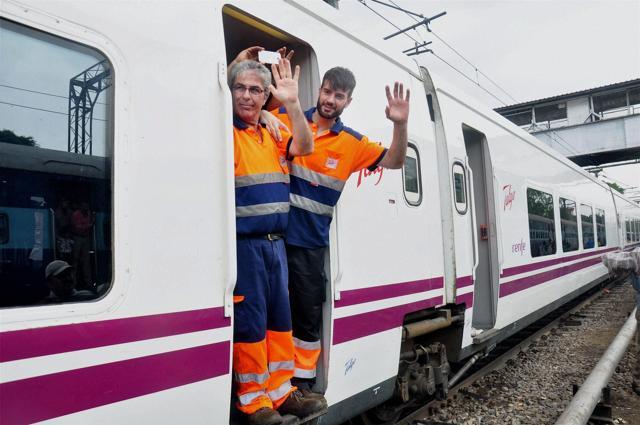 Pilots of Spanish train Talgo wave on their arrival at the Moradabad railway station during its first trial run. (PTI Photo) Pilots of Spanish train Talgo wave on their arrival at the Moradabad railway station during its first trial run. (PTI Photo)