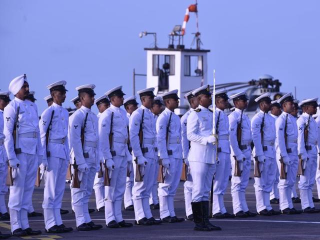 Navy personnel during a parade as Vice Admiral Girish Luthra takes the charge as Flag officer commanding in-chief of Western Naval Command in Mumbai on Monday, May 30, 2016.  (Anshuman Poyrekar) 
