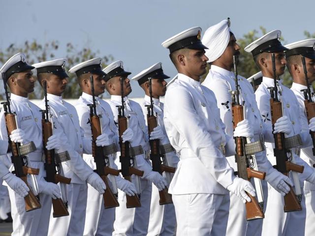 Navy personnel during a parade as Vice Admiral Girish Luthra takes the charge as Flag officer commanding in-chief of Western Naval Command in Mumbai on Monday, May 30, 2016.  (Anshuman Poyrekar) 