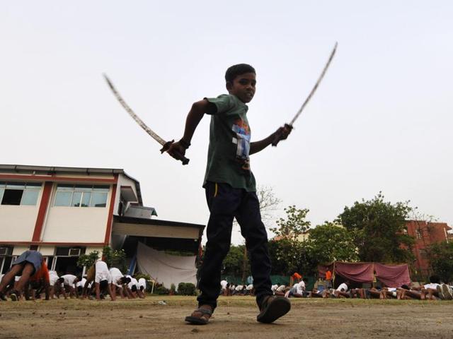 Members of Bajrang Dal undergoing self defence training in Noida. (Sunil Ghosh /HT Photo) Members of Bajrang Dal undergoing self defence training in Noida. (Sunil Ghosh /HT Photo)