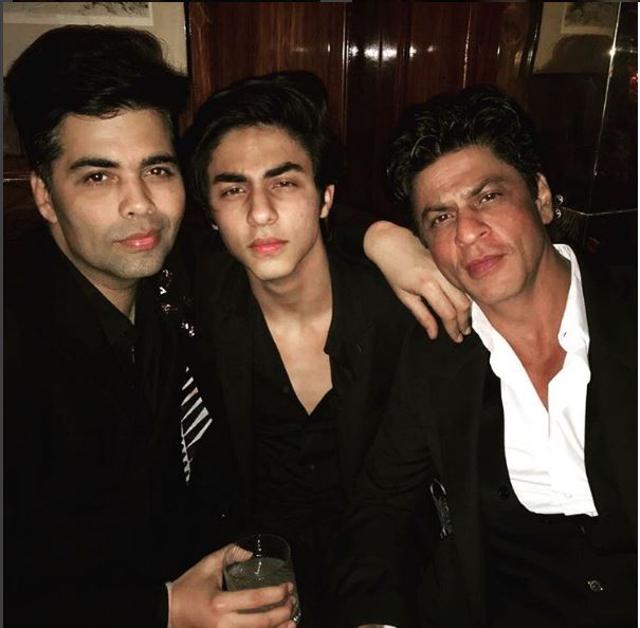 Shah Rukh Khan and Karan Johar pose with Aryan at KJo’s birthday bash. (Instagram)