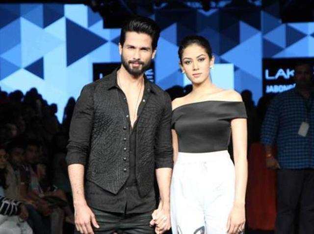 Shahid Kapoor with wife Meera Rajput displays Masaba Gupta collection during the Lakme Fashion Week Winter Festival. (IANS)