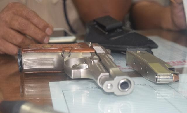 The pistol recovered from Manorama Devi's son Rocky Yadav in Gaya. (Rajesh Kumar/HT file photo) The pistol recovered from Manorama Devi's son Rocky Yadav in Gaya. (Rajesh Kumar/HT file photo)