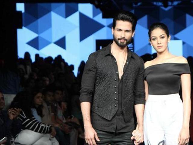 Shahid Kapoor with wife Meera Rajput displays Masaba Gupta collection during the Lakme Fashion Week Winter Festival. (IANS) Shahid Kapoor with wife Meera Rajput displays Masaba Gupta collection during the Lakme Fashion Week Winter Festival. (IANS)