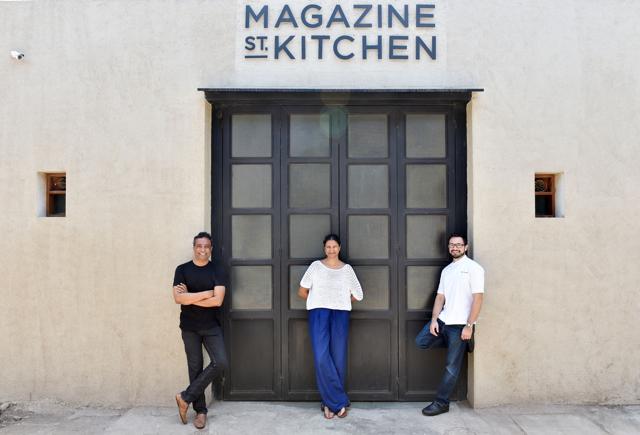 (From left) Jay Yousuf, Gauri Devidayal and Chef Alex Sanchez, the trio behind Magazine Street Kitchen (Pratham Gokhale/HT)