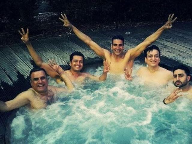 Akshay Kumar, Abhishek Bachchan, Riteish Deshmukh and Boman Irani chill as their latest release Housefull 3 hits theatres on Friday, (Instagram)