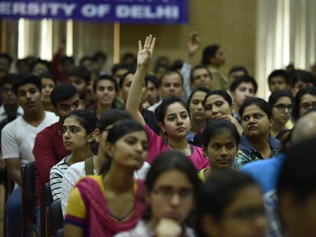 Delhi University Open Days in progress at the North Campus on Thursday, where students along with their parents came to clarify their queries about the admission process.(Arun Sharma / HT Photo)