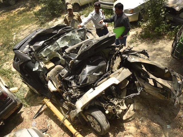 Wreckage of the Ford Ecosport car in which six people were killed on GT Karnal Road in New Delhi.(Ravi Choudhary/Hindustan Times)