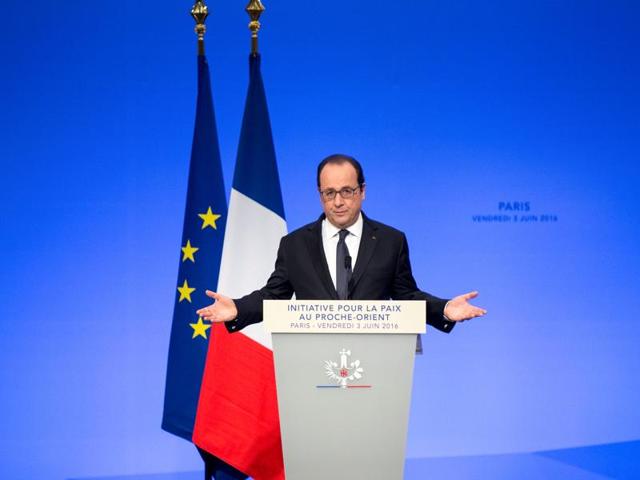 French President Francois Hollande speaks during an international conference aimed at reviving the Israeli-Palestinian peace process. France hosted the talks on the Israeli-Palestinian conflict that received a chilly response from the US, but diplomats said merely swinging the spotlight back onto the stalemate is a victory. (AFP) French President Francois Hollande speaks during an international conference aimed at reviving the Israeli-Palestinian peace process. France hosted the talks on the Israeli-Palestinian conflict that received a chilly response from the US, but diplomats said merely swinging the spotlight back onto the stalemate is a victory. (AFP)