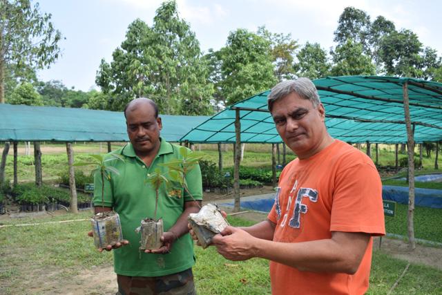 Colonel Jaggi (right) and a jawan hold planted saplings. “Our strategic location has made it easy for convoys...to drop used milk containers for us to pick up and reuse,” Col Jaggi said. Colonel Jaggi (right) and a jawan hold planted saplings. “Our strategic location has made it easy for convoys...to drop used milk containers for us to pick up and reuse,” Col Jaggi said.