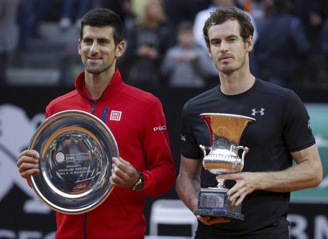 Andy Murray (right) and Novak Djokovic show their trophies following the final match of the Italian Open tennis tournament, in Rome. (AP Photo) Andy Murray (right) and Novak Djokovic show their trophies following the final match of the Italian Open tennis tournament, in Rome. (AP Photo)