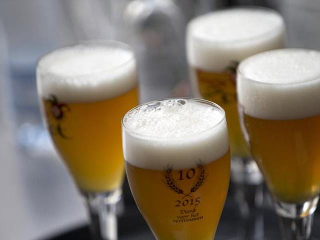 Glasses of Brugse Zot beer stand on a serving tray at the Halve Maan Brewery in Bruges, Belgium on Thursday, May 26, 2016. (AP) Glasses of Brugse Zot beer stand on a serving tray at the Halve Maan Brewery in Bruges, Belgium on Thursday, May 26, 2016. (AP)