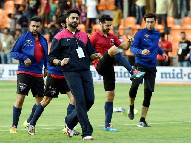 Abhishek Bachchan, Ranbir Kapoor, Dino Morea in action during a charity football match. (PTI Photo) Abhishek Bachchan, Ranbir Kapoor, Dino Morea in action during a charity football match. (PTI Photo)