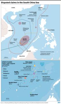 Map showing disputed claims in the South China Sea, including major outposts and facilities in the Spratly Islands. (AFP) Map showing disputed claims in the South China Sea, including major outposts and facilities in the Spratly Islands. (AFP)
