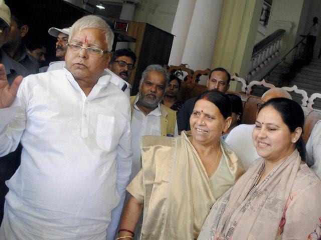 RJD candidate Misa Bharti with her father and party chief Lalu Prasad and mother Rabri Devi after filing nomination papers for Rajya Sabha elections, at Bihar Assembly in Patna. (PTI) RJD candidate Misa Bharti with her father and party chief Lalu Prasad and mother Rabri Devi after filing nomination papers for Rajya Sabha elections, at Bihar Assembly in Patna. (PTI)
