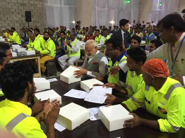 PM Modi interacted with Indian workers in Qatar on Saturday, June 4, 2016, during his two-day visit to the Gulf nation. (Photo courtsey: @narendramodi) PM Modi interacted with Indian workers in Qatar on Saturday, June 4, 2016, during his two-day visit to the Gulf nation. (Photo courtsey: @narendramodi)