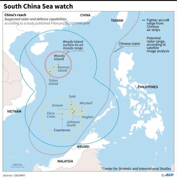 Map showing China's potential aircraft and radar range in the South China Sea. (AFP) Map showing China's potential aircraft and radar range in the South China Sea. (AFP)