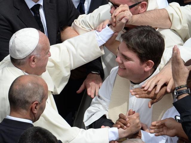 Pope Francis greets priests at the end of a mass as part of the Jubilee Year of Mercy, on June 3, 2016 in Vatican (AFP) Pope Francis greets priests at the end of a mass as part of the Jubilee Year of Mercy, on June 3, 2016 in Vatican (AFP)