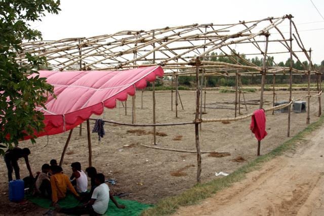 A large tent put up by Jat activists at Jasiya village in Rohtak district on Saturday, a day before the proposed re-launch of the agitation for reservation. (Manoj Dhaka/HT Photo ) A large tent put up by Jat activists at Jasiya village in Rohtak district on Saturday, a day before the proposed re-launch of the agitation for reservation. (Manoj Dhaka/HT Photo )