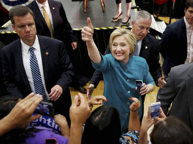 Democratic presidential candidate Hillary Clinton reacts while meeting supporters at a rally on Saturday in Fresno, California. (AP) Democratic presidential candidate Hillary Clinton reacts while meeting supporters at a rally on Saturday in Fresno, California. (AP)