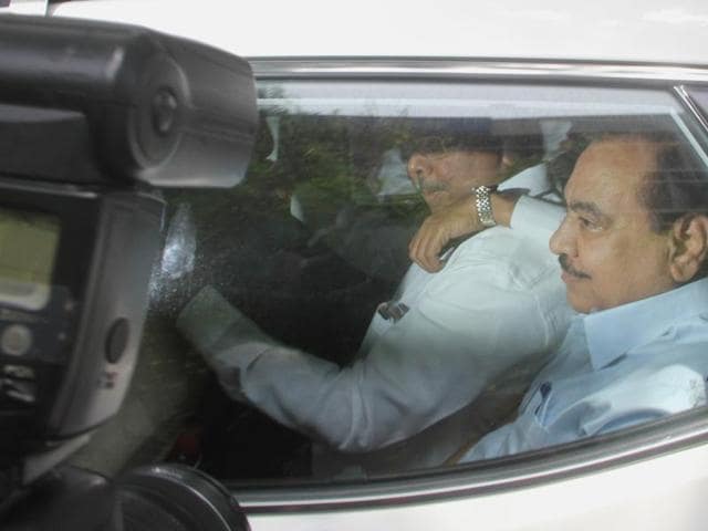 Eknath Khadse coming out of Maharashtra CM Devendra Fadnavis resident in Mumbai on Saturday. (Bhushan Koyande) Eknath Khadse coming out of Maharashtra CM Devendra Fadnavis resident in Mumbai on Saturday. (Bhushan Koyande)
