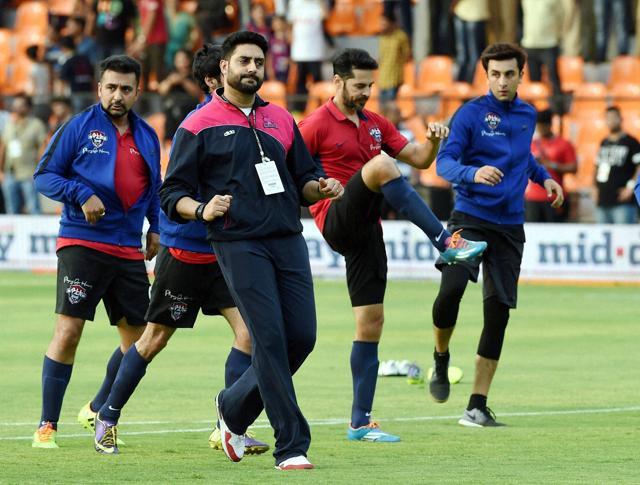 Abhishek Bachchan, Ranbir Kapoor, Dino Morea in action during a charity football match in Mumbai on Saturday. (PTI) Abhishek Bachchan, Ranbir Kapoor, Dino Morea in action during a charity football match in Mumbai on Saturday. (PTI)
