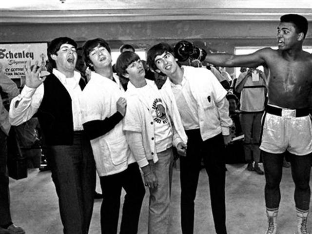 The Beatles, (from left) Paul McCartney, John Lennon, Ringo Starr and George Harrison, take a fake blow from Cassius Clay, who later changed his name to Muhammad Ali, at his training camp in Miami Beach, Florida. (AP File) The Beatles, (from left) Paul McCartney, John Lennon, Ringo Starr and George Harrison, take a fake blow from Cassius Clay, who later changed his name to Muhammad Ali, at his training camp in Miami Beach, Florida. (AP File)