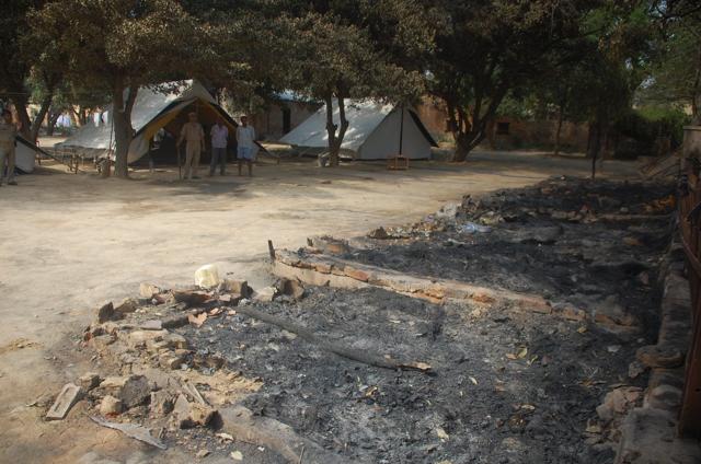 What would have otherwise been full of fruit and leaves, are now hollow, blackened trees, a reminder of the fire and violence that quickly spread in Jawahar Bagh park on Thursday night. The mayhem ensued when police attempted to evict squatters from the park and retaliated to an attack from them. (Antram/HT Photo)